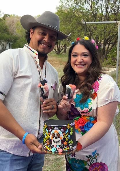 Samantha and RJ Saenz at their gender reveal party for their twin girls